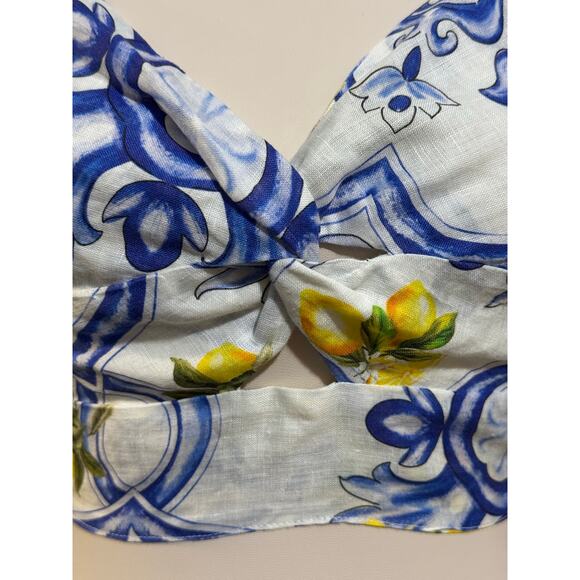 Sesto Senso Linen Crop Top Puff Sleeves Tie Back Size Medium Blue Yellow Floral - Picture 6 of 9